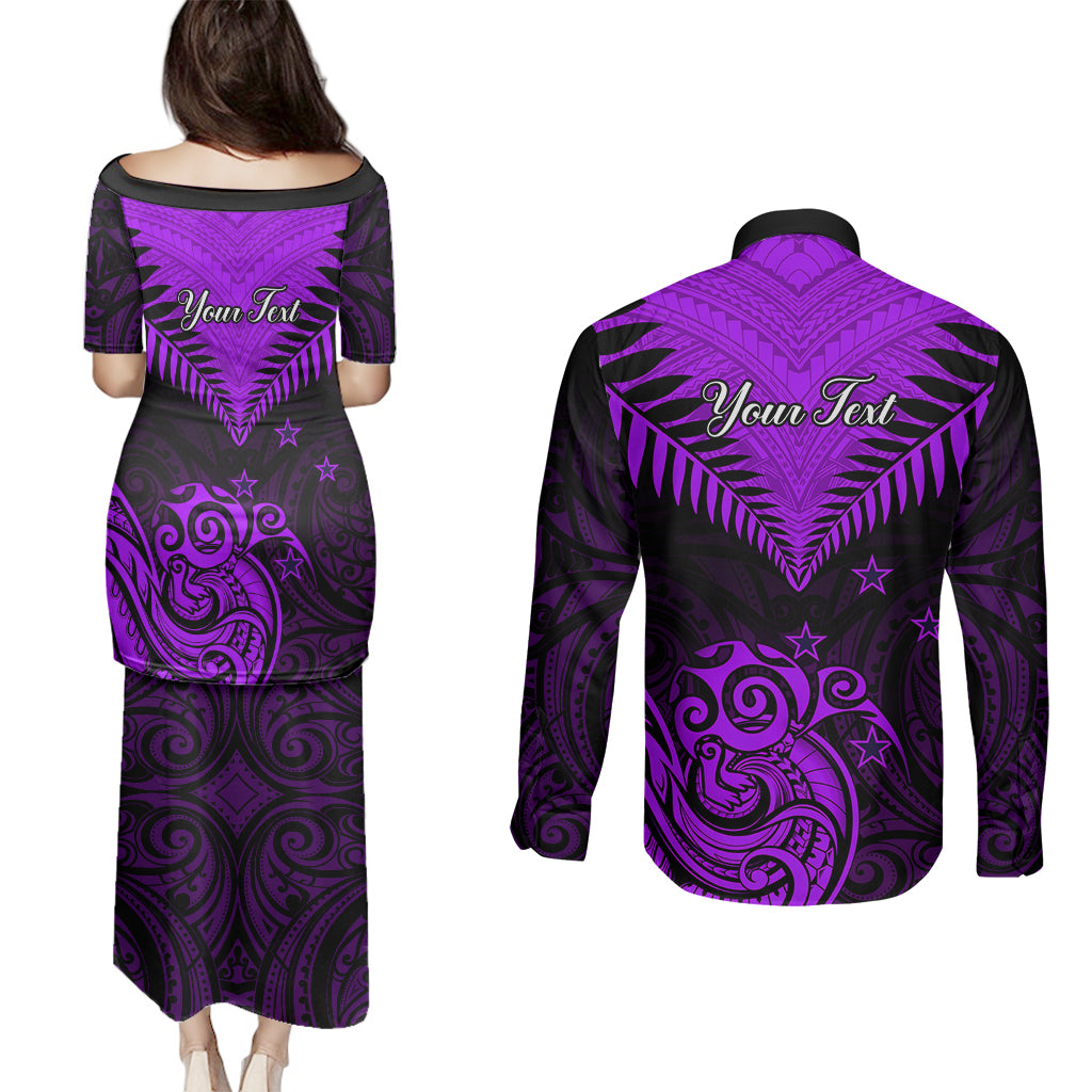 Personalised Aotearoa Couples Matching Puletasi Dress and Long Sleeve Button Shirts Maori Kiwi Purple Fern LT01 - Polynesian Pride