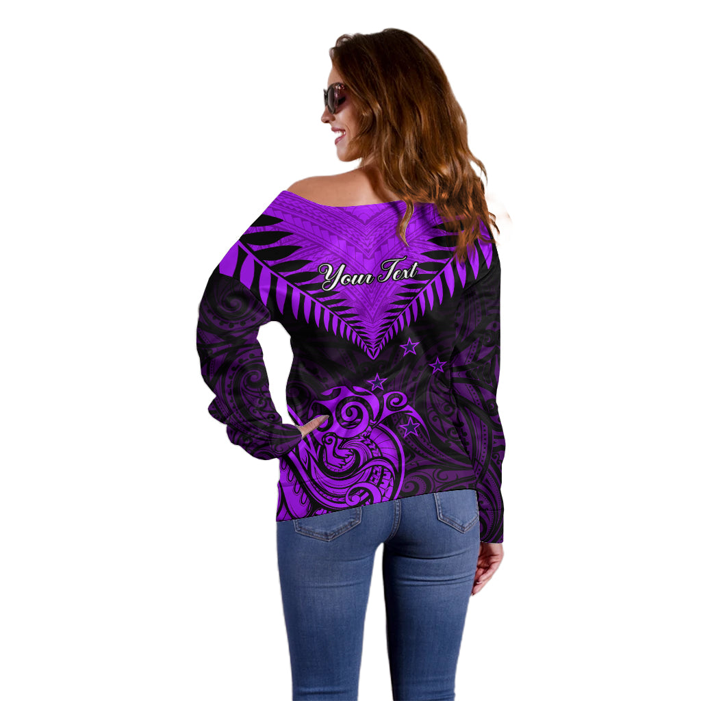 Personalised Aotearoa Off Shoulder Sweater Maori Kiwi Purple Fern LT01 - Polynesian Pride