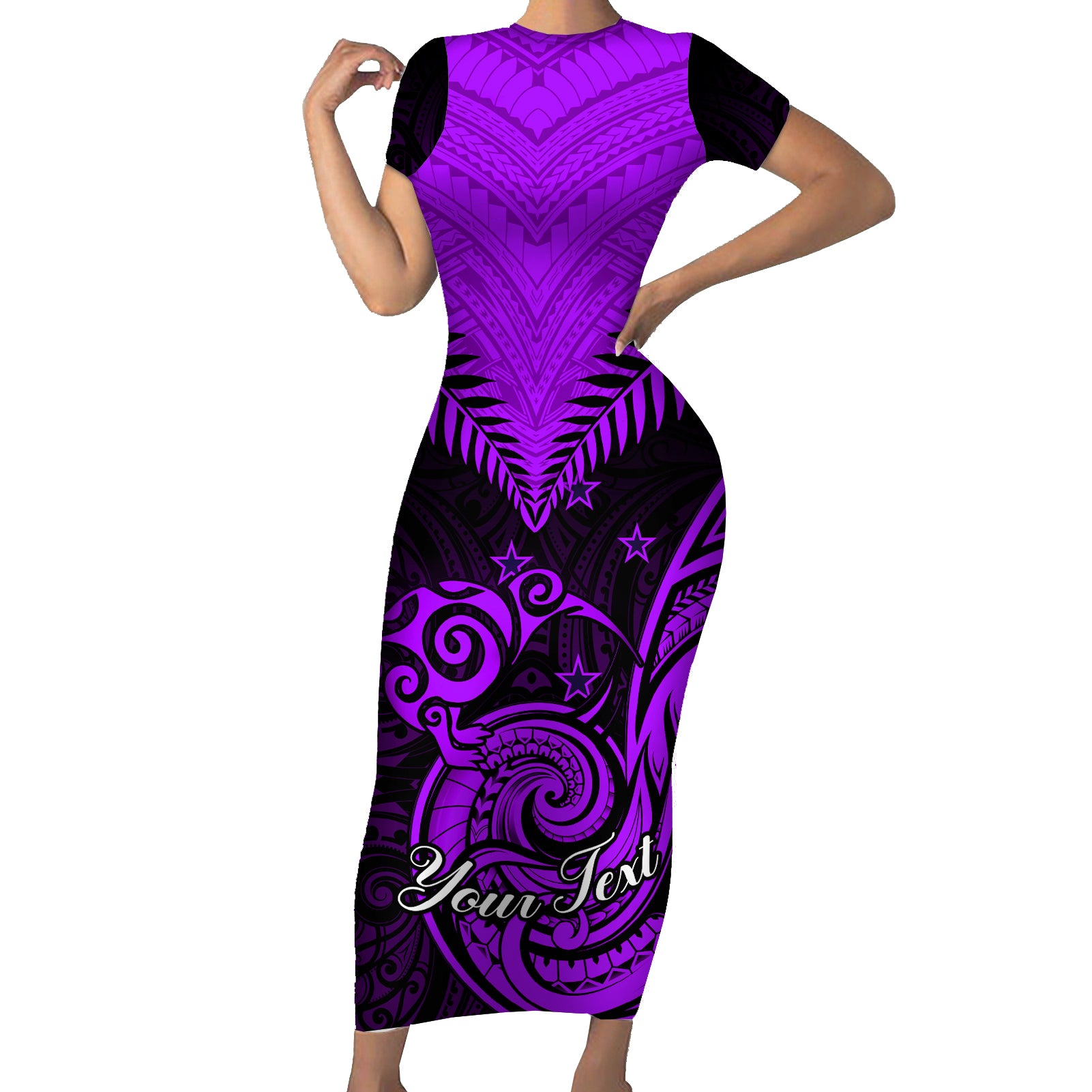 Personalised Aotearoa Short Sleeve Bodycon Dress Maori Kiwi Purple Fern LT01 Long Dress Purple - Polynesian Pride
