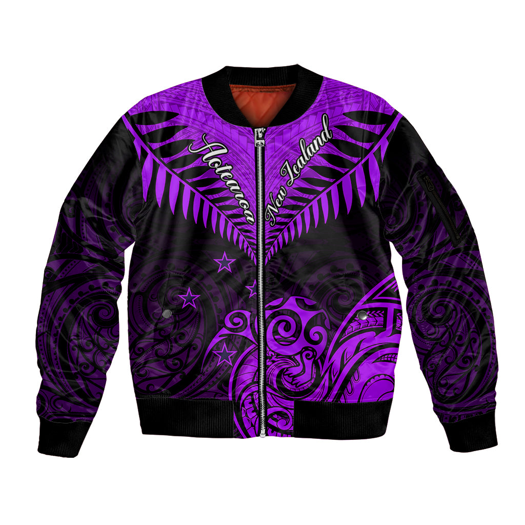 Personalised Aotearoa Sleeve Zip Bomber Jacket Maori Kiwi Purple Fern LT01 Unisex Purple - Polynesian Pride