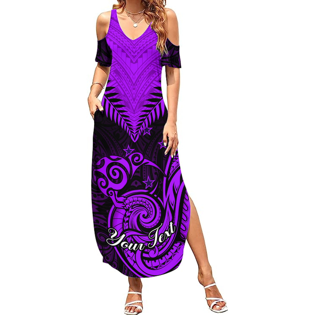 Personalised Aotearoa Summer Maxi Dress Maori Kiwi Purple Fern LT01 Women Purple - Polynesian Pride