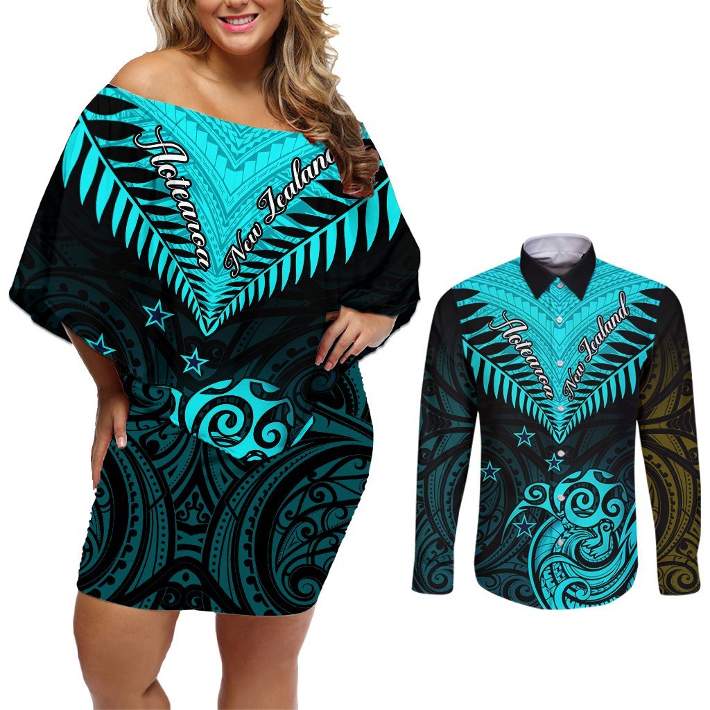 Personalised Aotearoa Couples Matching Off Shoulder Short Dress and Long Sleeve Button Shirts Maori Kiwi Turquoise Fern LT01 Turquoise - Polynesian Pride