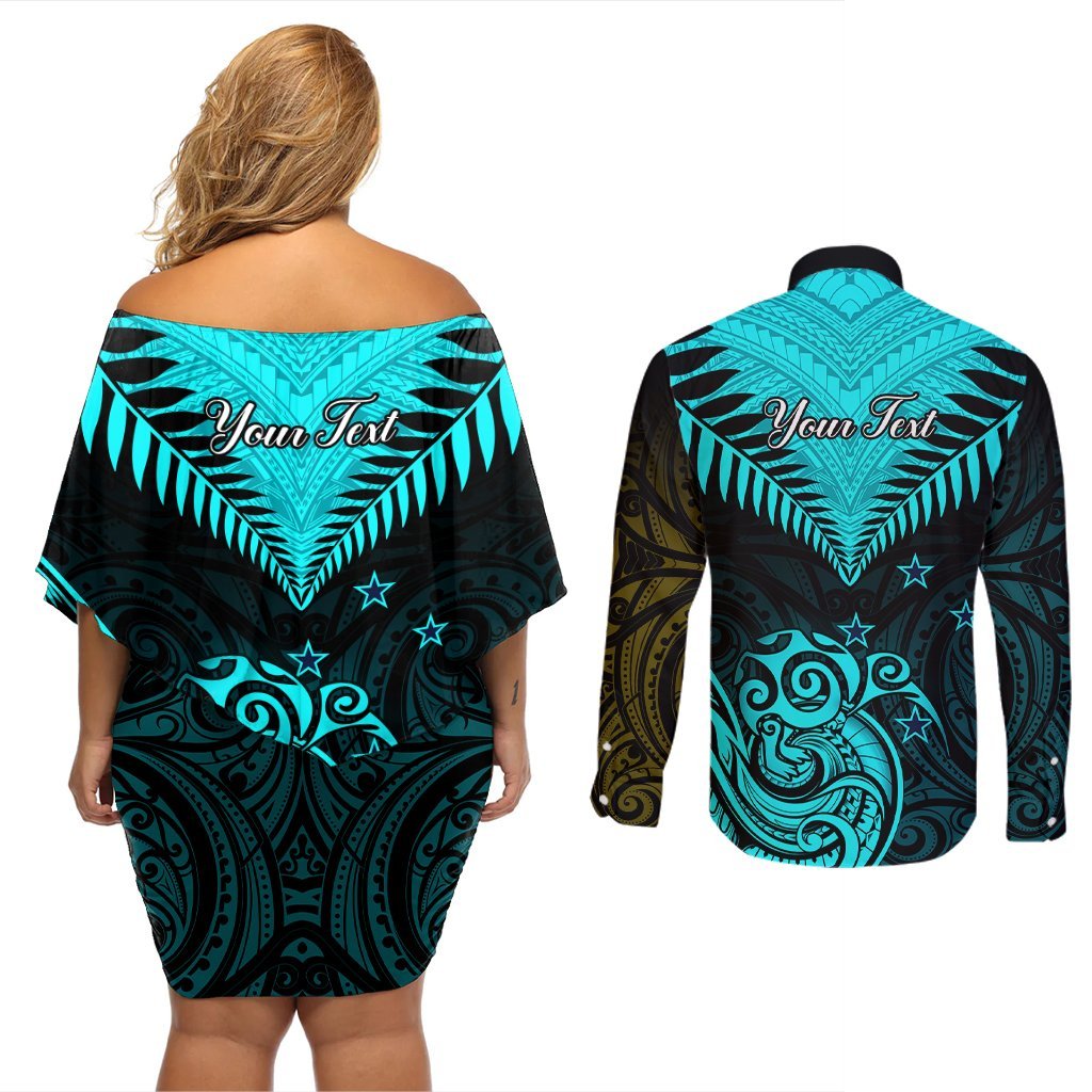 Personalised Aotearoa Couples Matching Off Shoulder Short Dress and Long Sleeve Button Shirts Maori Kiwi Turquoise Fern LT01 - Polynesian Pride