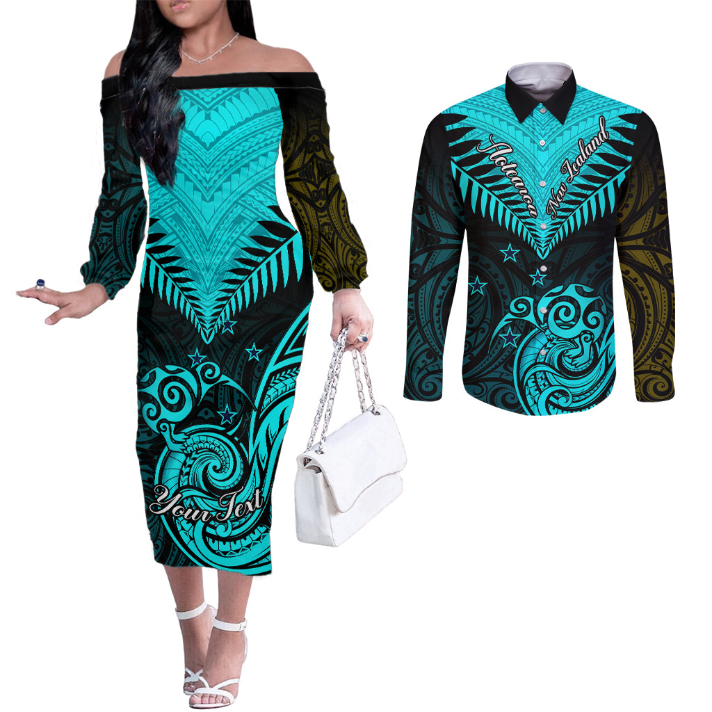 Personalised Aotearoa Couples Matching Off The Shoulder Long Sleeve Dress and Long Sleeve Button Shirts Maori Kiwi Turquoise Fern LT01 Turquoise - Polynesian Pride