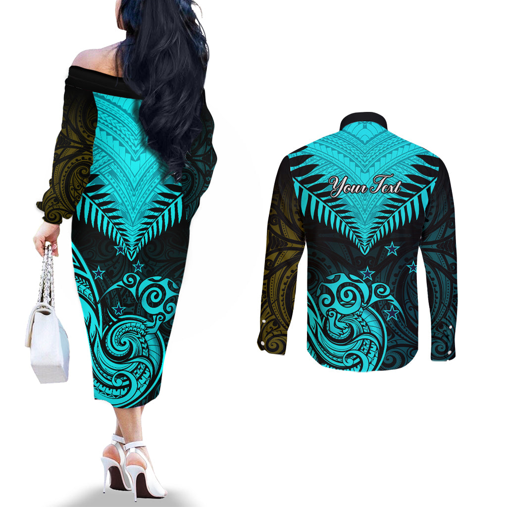 Personalised Aotearoa Couples Matching Off The Shoulder Long Sleeve Dress and Long Sleeve Button Shirts Maori Kiwi Turquoise Fern LT01 - Polynesian Pride