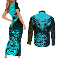 Personalised Aotearoa Couples Matching Short Sleeve Bodycon Dress and Long Sleeve Button Shirts Maori Kiwi Turquoise Fern LT01 - Polynesian Pride