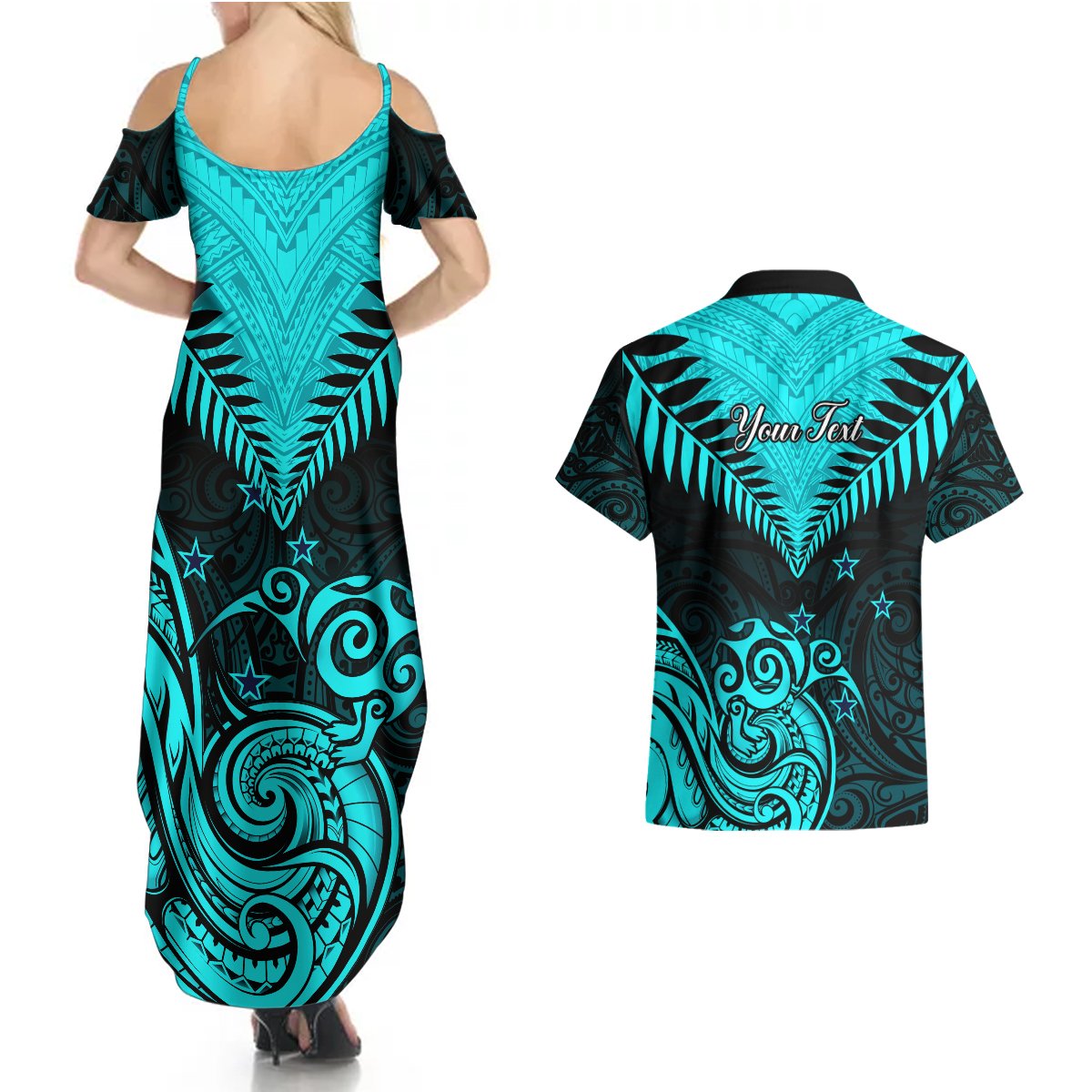 Personalised Aotearoa Couples Matching Summer Maxi Dress and Hawaiian Shirt Maori Kiwi Turquoise Fern LT01 - Polynesian Pride