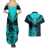 Personalised Aotearoa Couples Matching Summer Maxi Dress and Hawaiian Shirt Maori Kiwi Turquoise Fern LT01 - Polynesian Pride
