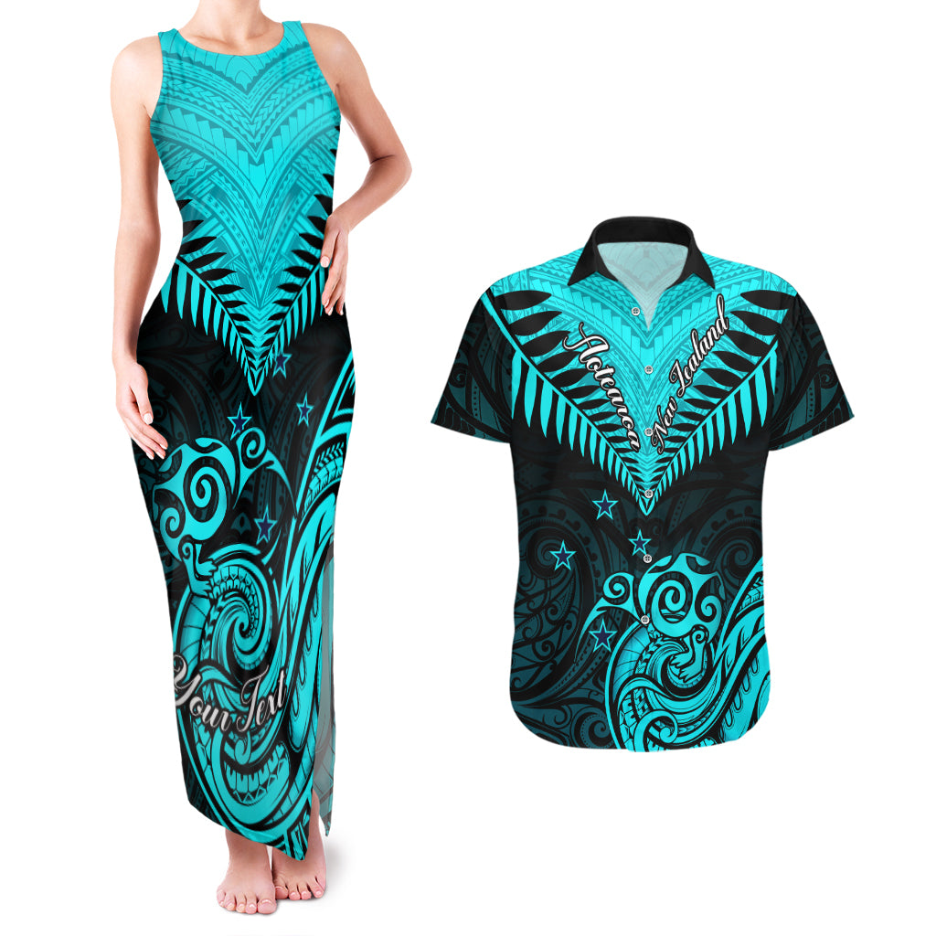 Personalised Aotearoa Couples Matching Tank Maxi Dress And Hawaiian Shirt Maori Kiwi Turquoise Fern LT01 Turquoise - Polynesian Pride