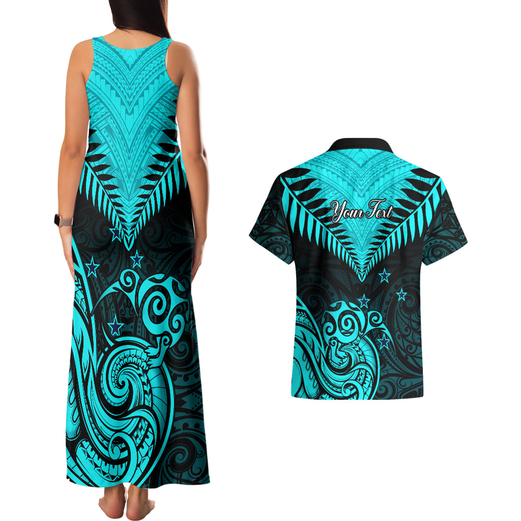 Personalised Aotearoa Couples Matching Tank Maxi Dress And Hawaiian Shirt Maori Kiwi Turquoise Fern LT01 - Polynesian Pride