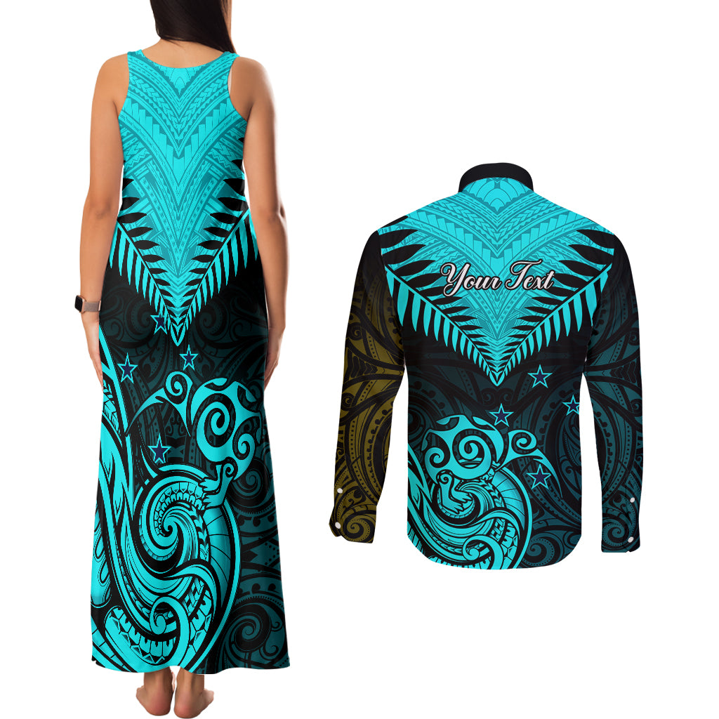 Personalised Aotearoa Couples Matching Tank Maxi Dress and Long Sleeve Button Shirts Maori Kiwi Turquoise Fern LT01 - Polynesian Pride