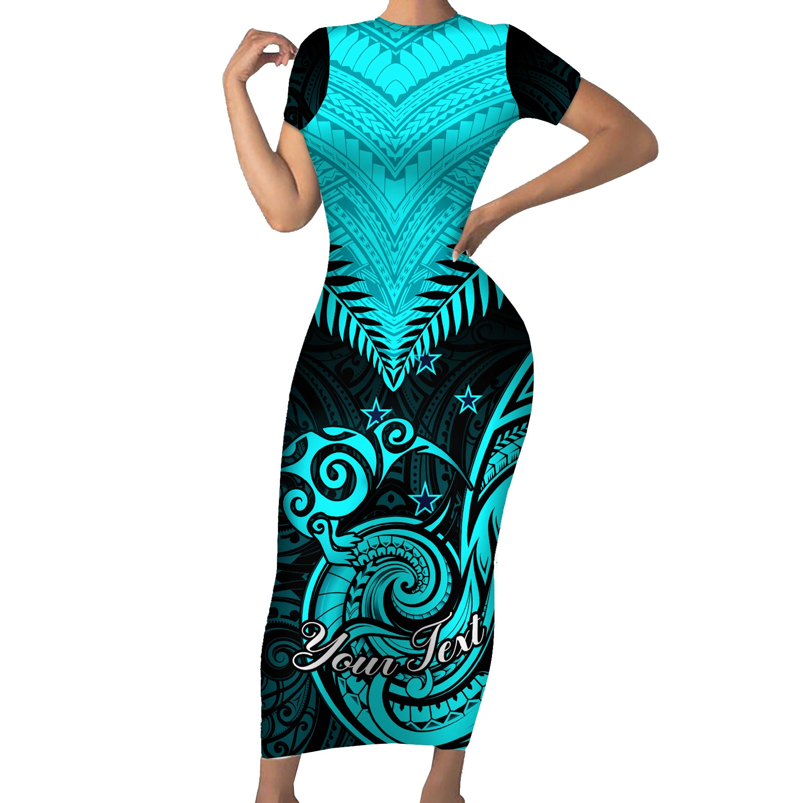 Personalised Aotearoa Short Sleeve Bodycon Dress Maori Kiwi Turquoise Fern LT01 Long Dress Turquoise - Polynesian Pride