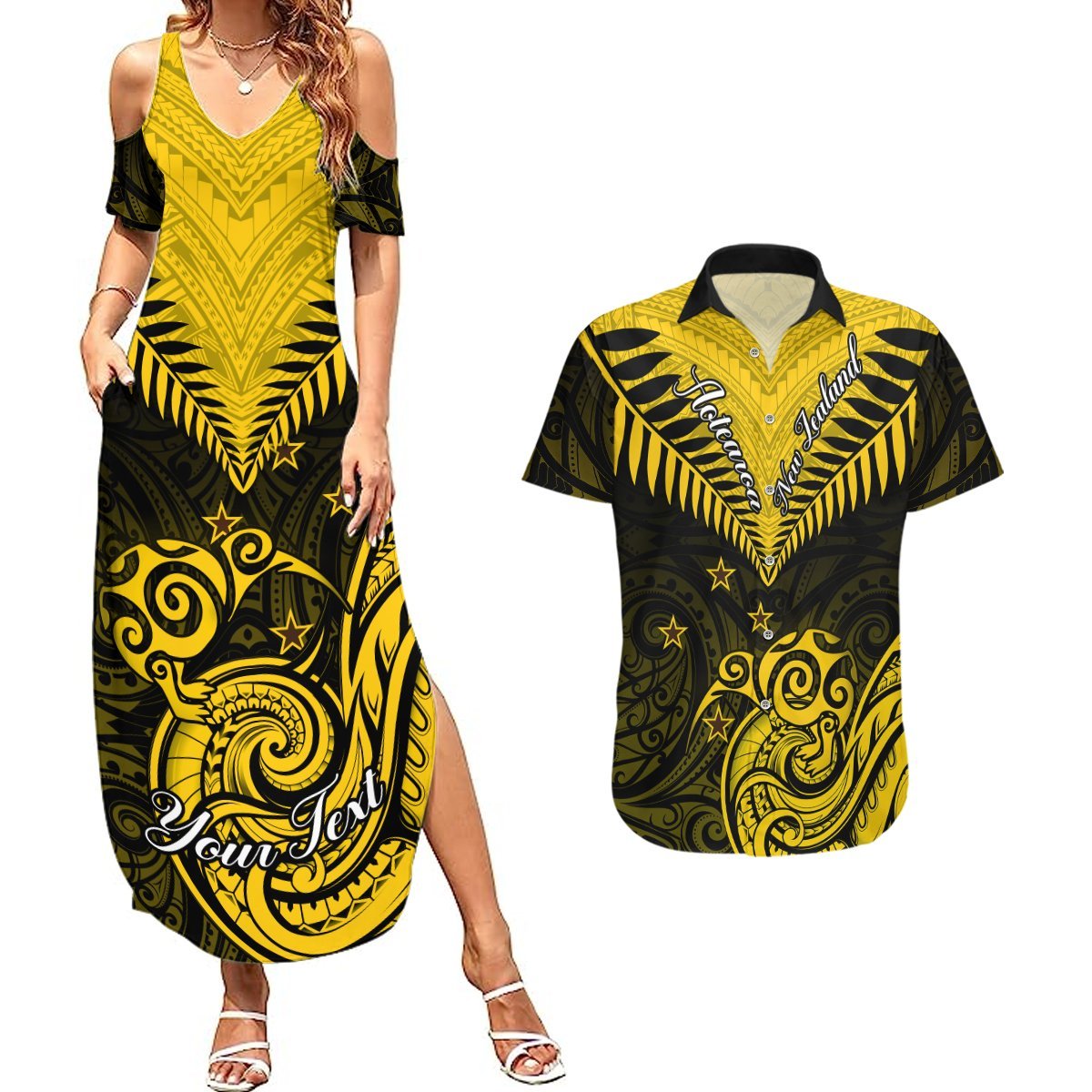 Personalised Aotearoa Couples Matching Summer Maxi Dress and Hawaiian Shirt Maori Kiwi Yellow Fern LT01 Yellow - Polynesian Pride