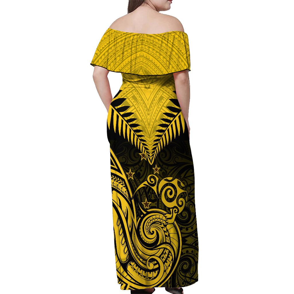 Personalised Aotearoa Off Shoulder Maxi Dress Maori Kiwi Yellow Fern LT01 - Polynesian Pride