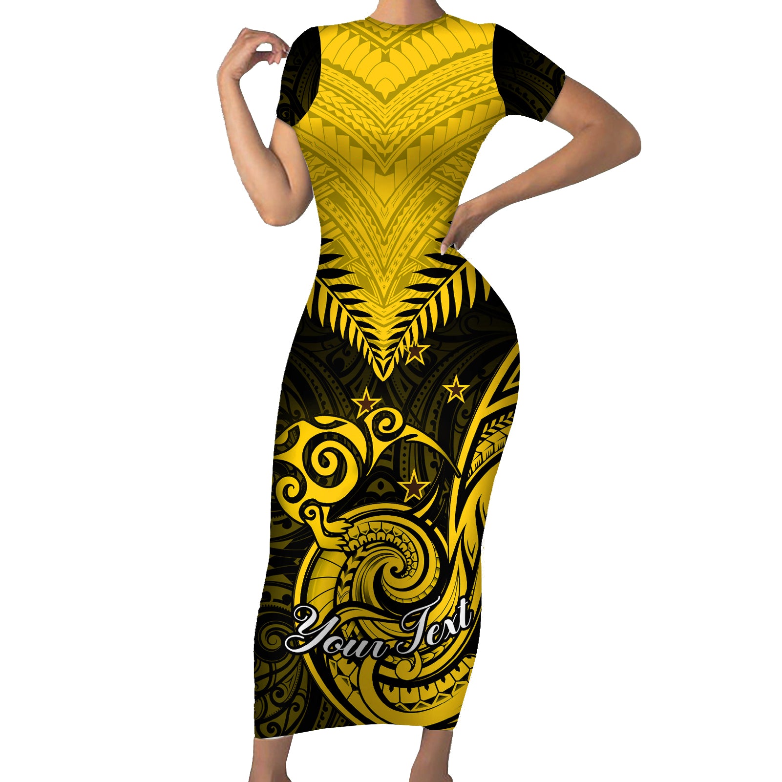 Personalised Aotearoa Short Sleeve Bodycon Dress Maori Kiwi Yellow Fern LT01 Long Dress Yellow - Polynesian Pride