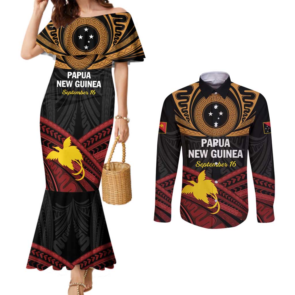 Papua New Guinea Bird of Paradise Couples Matching Mermaid Dress and Long Sleeve Button Shirt 16 September 1975 Independence Day Anniversary