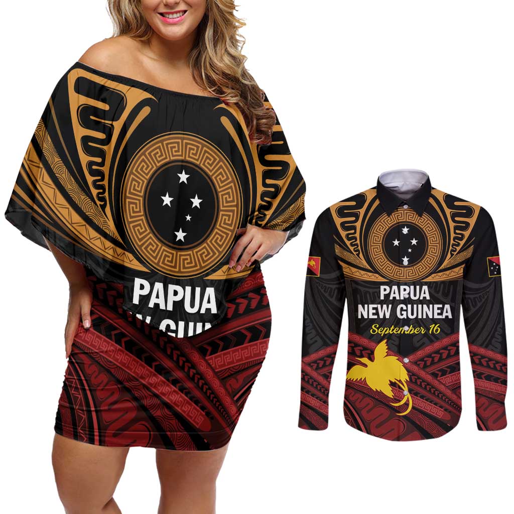 Papua New Guinea Bird of Paradise Couples Matching Off Shoulder Short Dress and Long Sleeve Button Shirt 16 September 1975 Independence Day Anniversary
