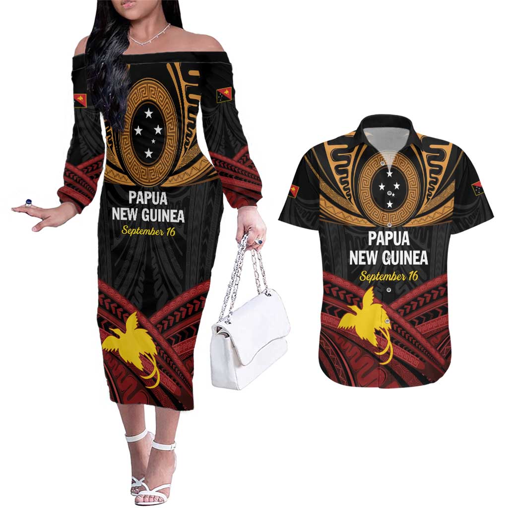 Papua New Guinea Bird of Paradise Couples Matching Off The Shoulder Long Sleeve Dress and Hawaiian Shirt 16 September 1975 Independence Day Anniversary