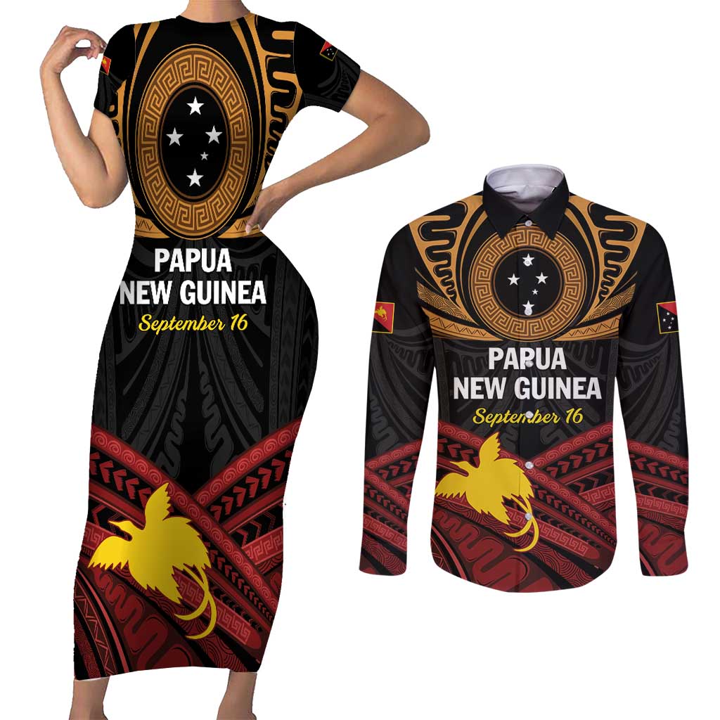Papua New Guinea Bird of Paradise Couples Matching Short Sleeve Bodycon Dress and Long Sleeve Button Shirt 16 September 1975 Independence Day Anniversary