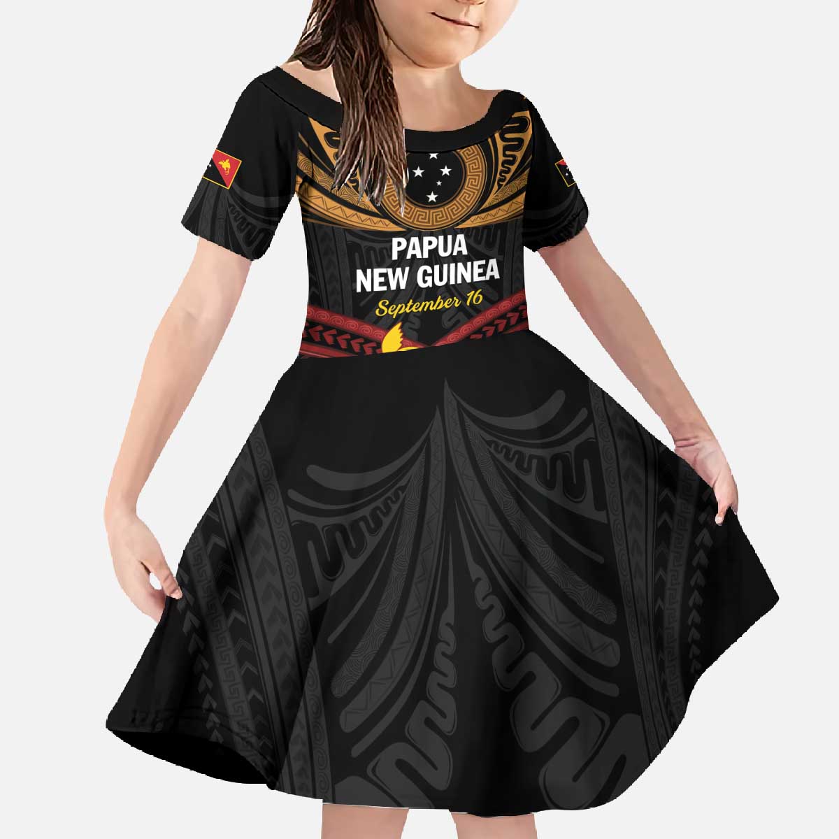 Papua New Guinea Bird of Paradise Family Matching Off The Shoulder Long Sleeve Dress and Hawaiian Shirt 16 September 1975 Independence Day Anniversary LT01 Daughter's Dress Black - Polynesian Pride