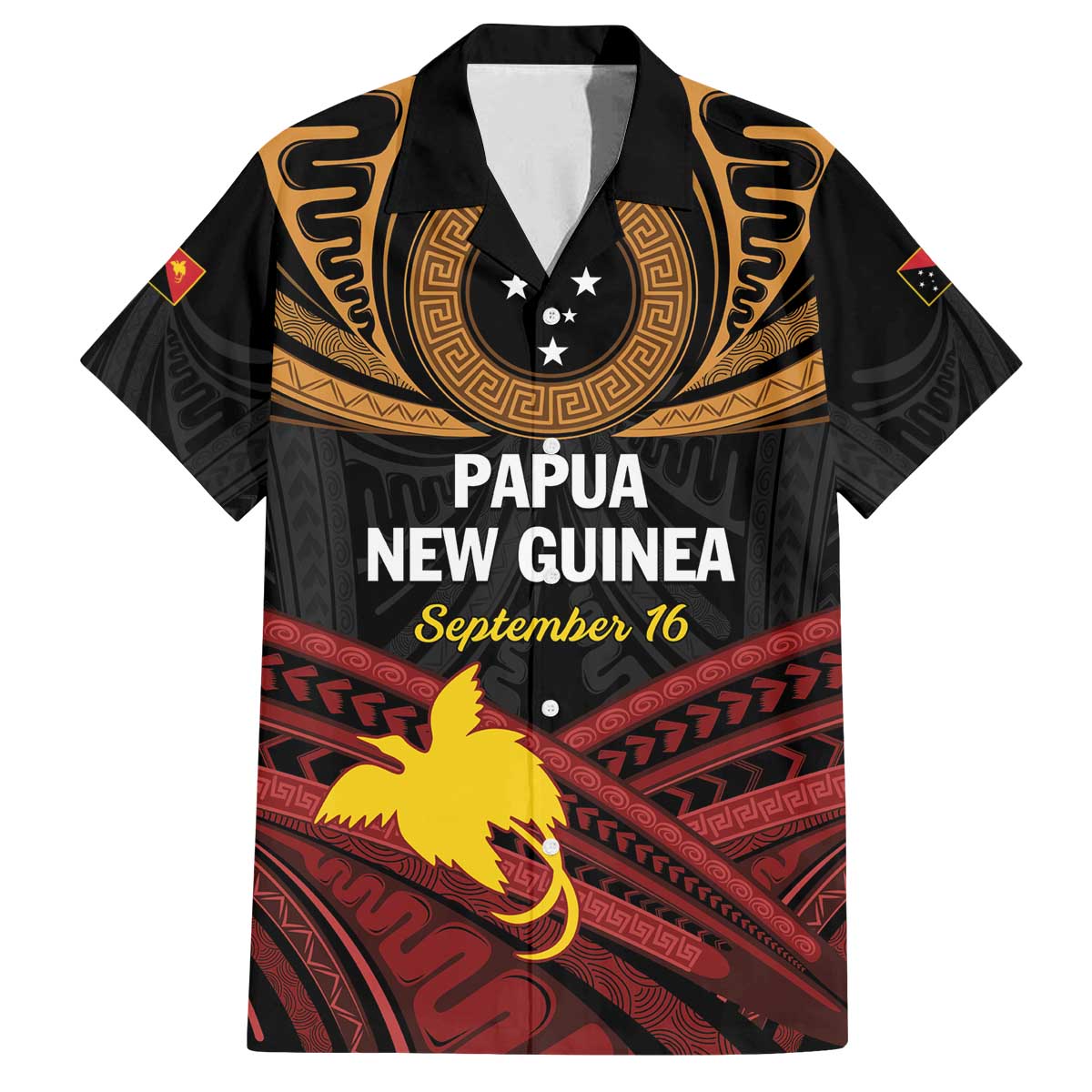 Papua New Guinea Bird of Paradise Family Matching Off Shoulder Short Dress and Hawaiian Shirt 16 September 1975 Independence Day Anniversary LT01 Dad's Shirt - Short Sleeve Black - Polynesian Pride