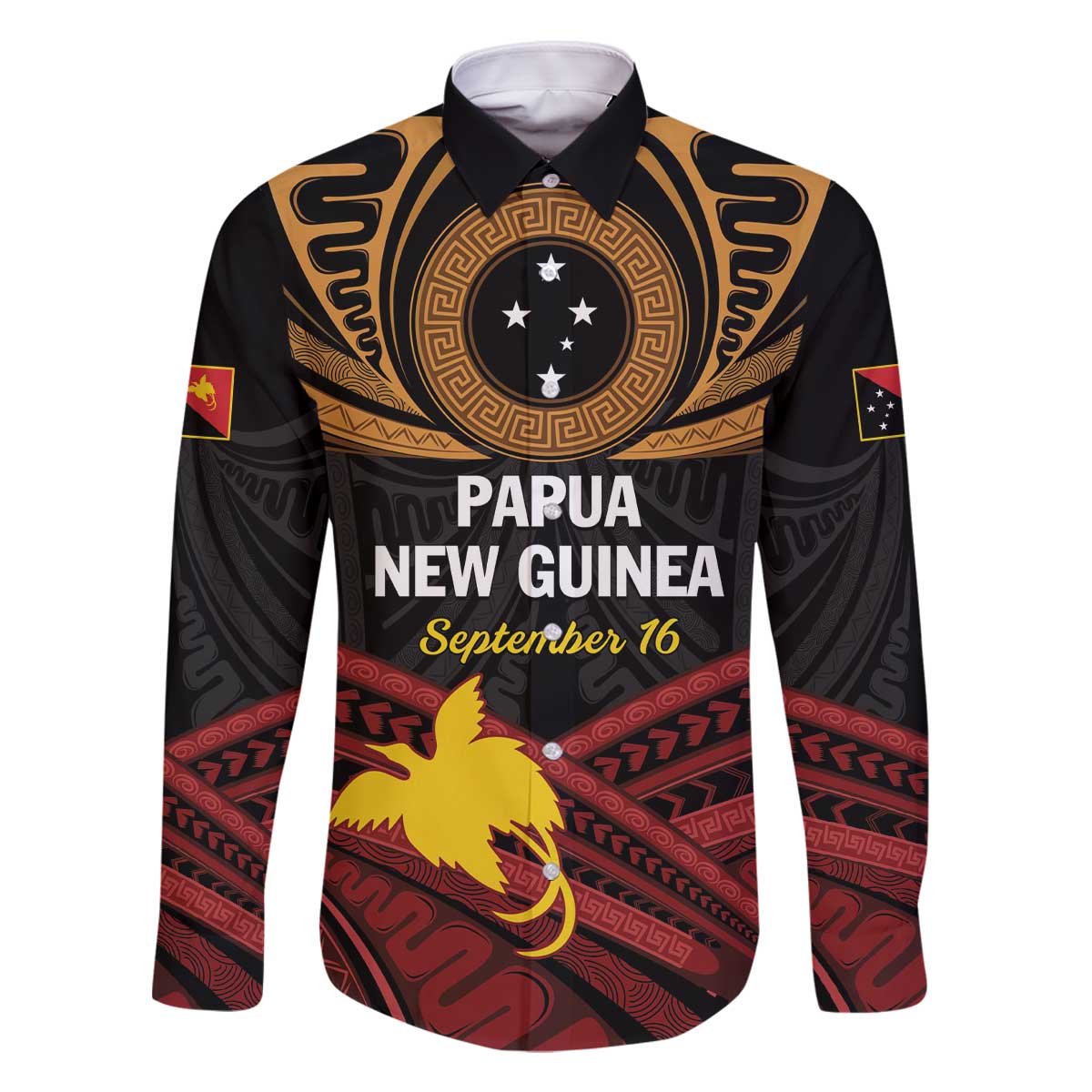 Papua New Guinea Bird of Paradise Family Matching Off Shoulder Short Dress and Hawaiian Shirt 16 September 1975 Independence Day Anniversary LT01 Dad's Shirt - Long Sleeve Black - Polynesian Pride