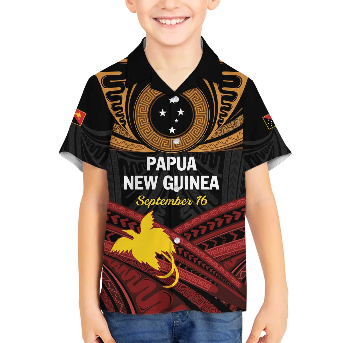 Papua New Guinea Bird of Paradise Family Matching Off Shoulder Short Dress and Hawaiian Shirt 16 September 1975 Independence Day Anniversary LT01 Son's Shirt Black - Polynesian Pride