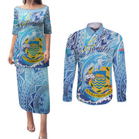 Tuvalu mo te Atua Couples Matching Puletasi and Long Sleeve Button Shirt Tuvalu Dolphin Polynesian Pattern LT01 Blue - Polynesian Pride