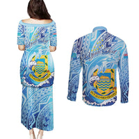 Tuvalu mo te Atua Couples Matching Puletasi and Long Sleeve Button Shirt Tuvalu Dolphin Polynesian Pattern LT01 - Polynesian Pride