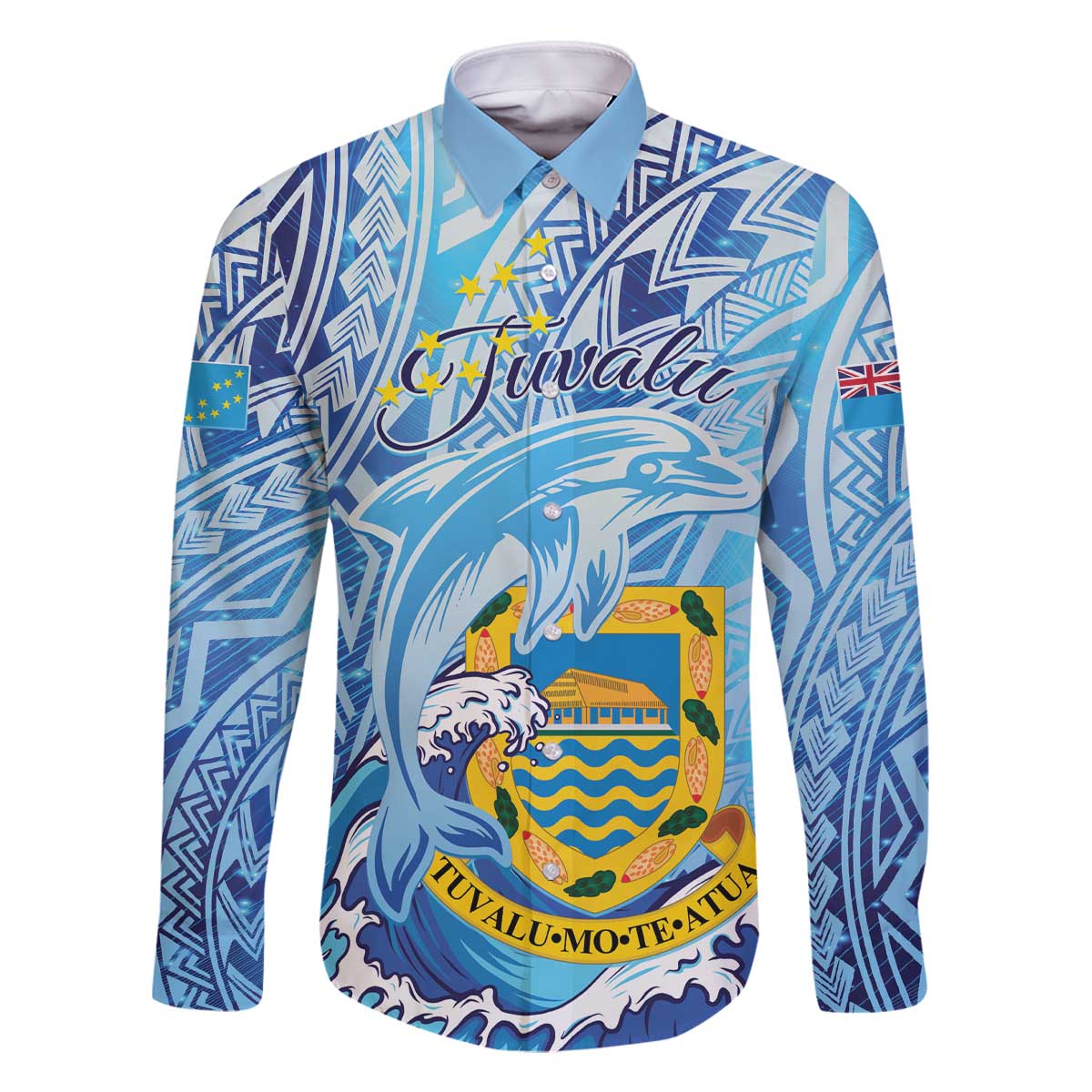 Tuvalu mo te Atua Family Matching Off Shoulder Short Dress and Hawaiian Shirt Tuvalu Dolphin Polynesian Pattern LT01 Dad's Shirt - Long Sleeve Blue - Polynesian Pride