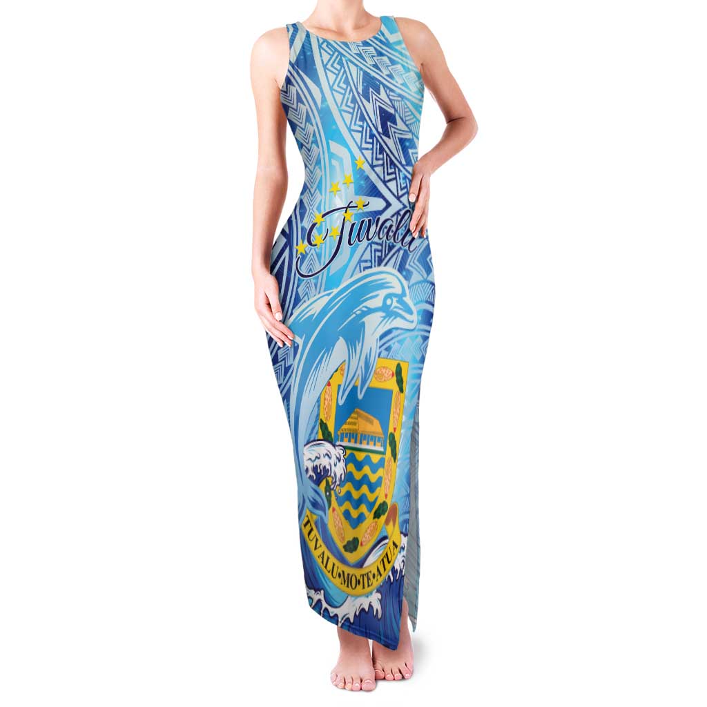 Tuvalu mo te Atua Family Matching Tank Maxi Dress and Hawaiian Shirt Tuvalu Dolphin Polynesian Pattern LT01 Mom's Dress Blue - Polynesian Pride