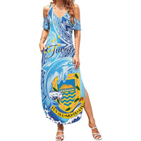 Tuvalu mo te Atua Summer Maxi Dress Tuvalu Dolphin Polynesian Pattern LT01 Women Blue - Polynesian Pride