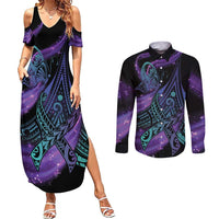 In September We Wear Teal And Purple Couples Matching Summer Maxi Dress and Long Sleeve Button Shirt Magic Ribbon Semicolon