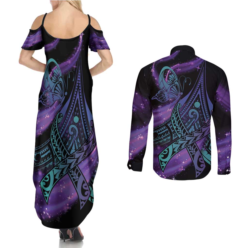 In September We Wear Teal And Purple Couples Matching Summer Maxi Dress and Long Sleeve Button Shirt Magic Ribbon Semicolon