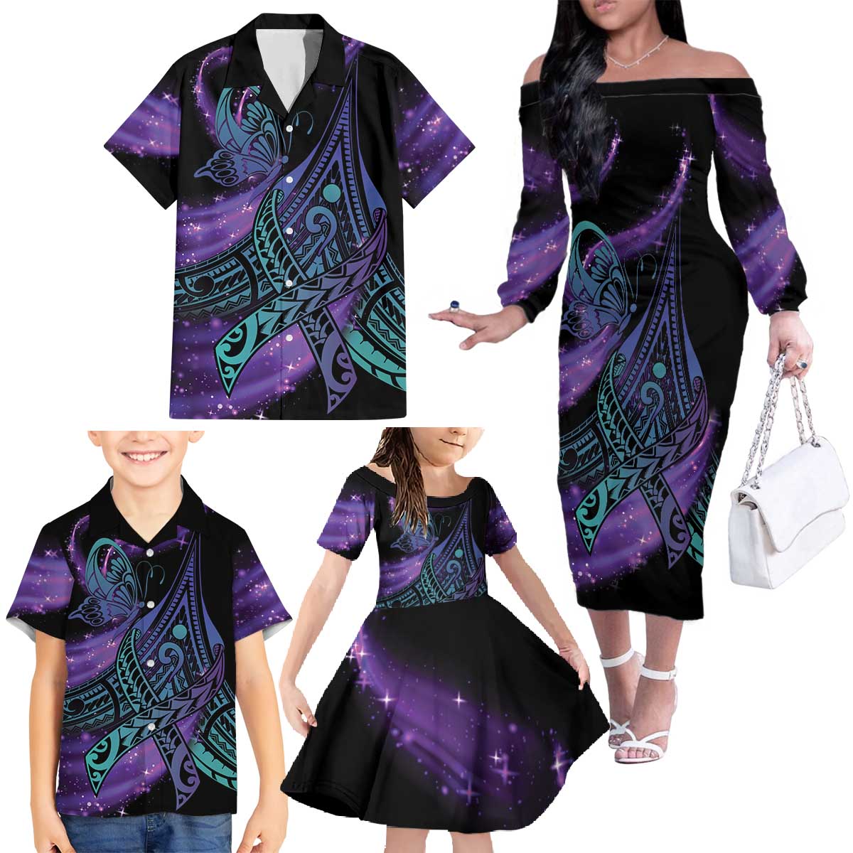 In September We Wear Teal And Purple Family Matching Off The Shoulder Long Sleeve Dress and Hawaiian Shirt Magic Ribbon Semicolon LT01 - Polynesian Pride