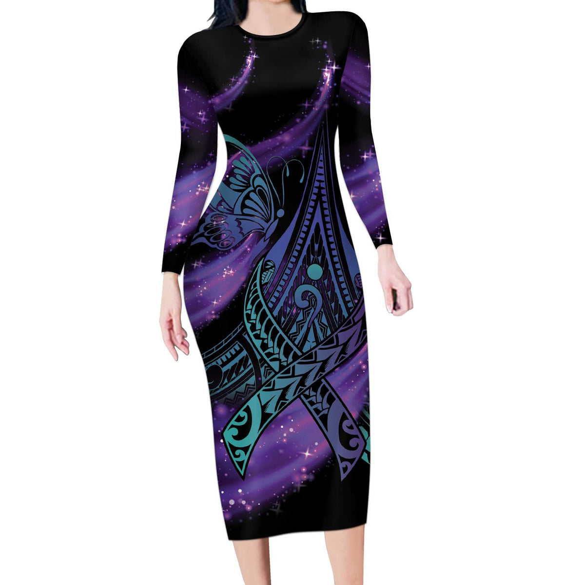 In September We Wear Teal And Purple Long Sleeve Bodycon Dress Magic R