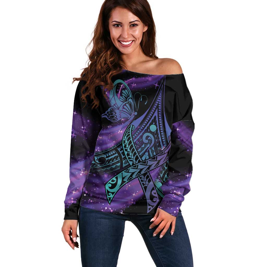 In September We Wear Teal And Purple Off Shoulder Sweater Magic Ribbon Semicolon LT01 Women Purple - Polynesian Pride