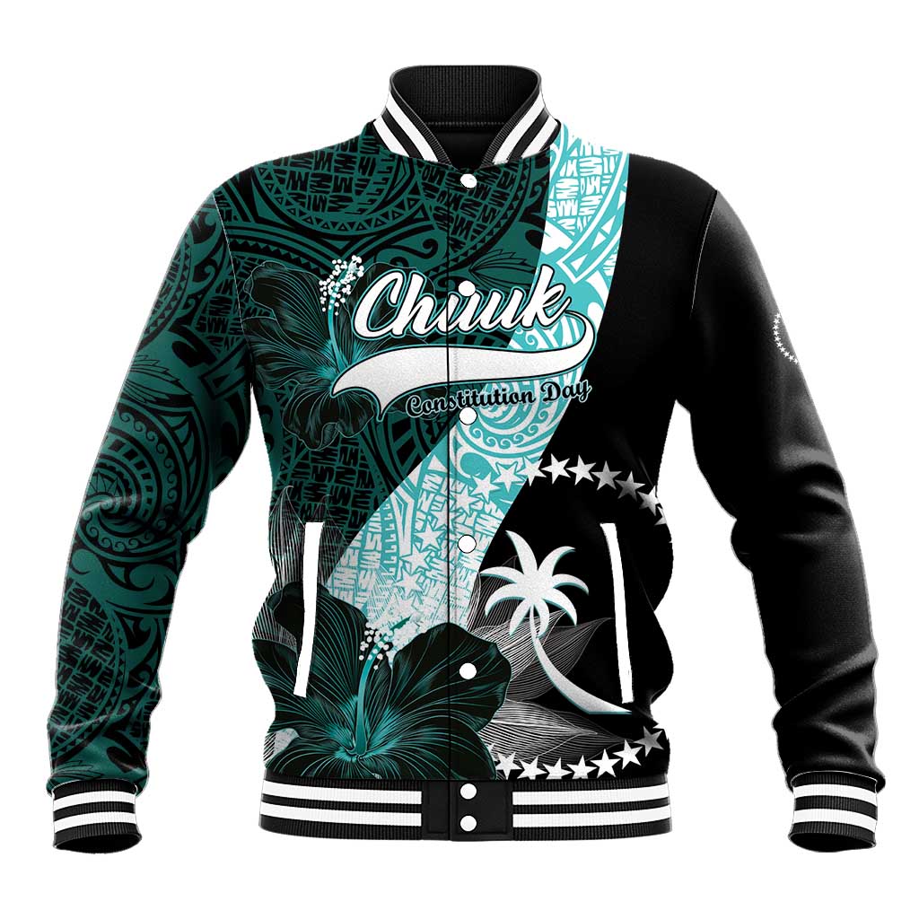 Chuuk Constitution Day Baseball Jacket Hibiscus Turquoise Pattern LT01 Unisex Turquoise - Polynesian Pride