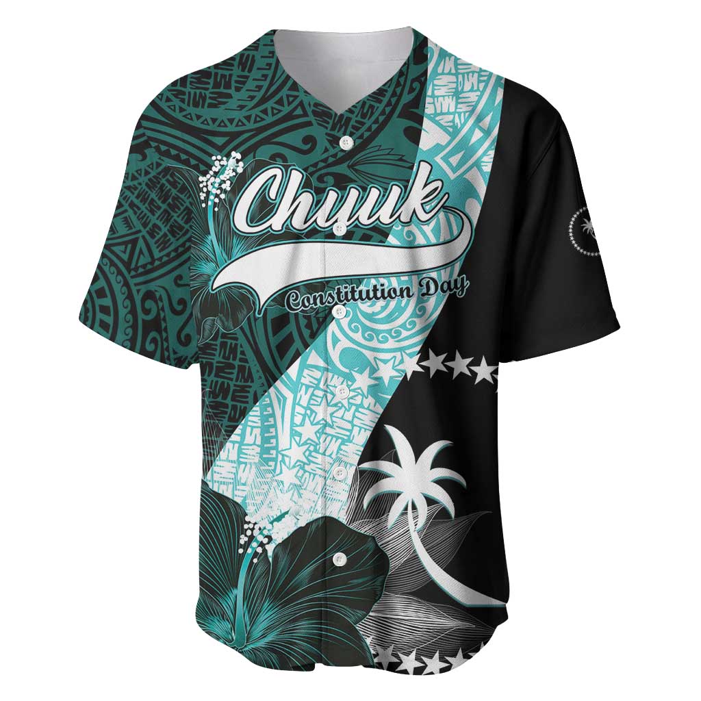 Chuuk Constitution Day Baseball Jersey Hibiscus Turquoise Pattern LT01 Turquoise - Polynesian Pride