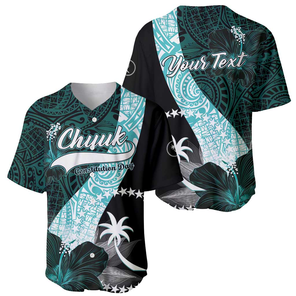 Chuuk Constitution Day Baseball Jersey Hibiscus Turquoise Pattern LT01 - Polynesian Pride