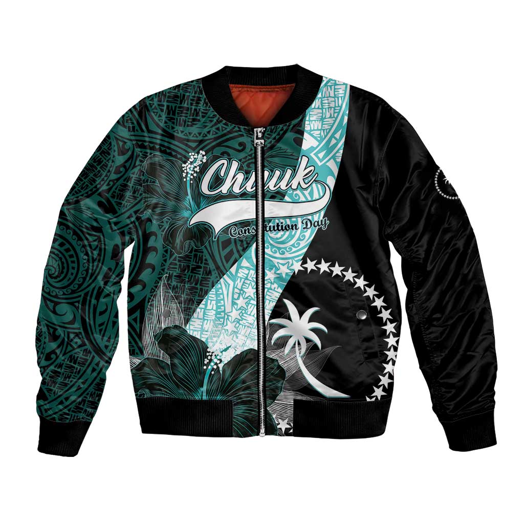 Chuuk Constitution Day Bomber Jacket Hibiscus Turquoise Pattern LT01 Unisex Turquoise - Polynesian Pride
