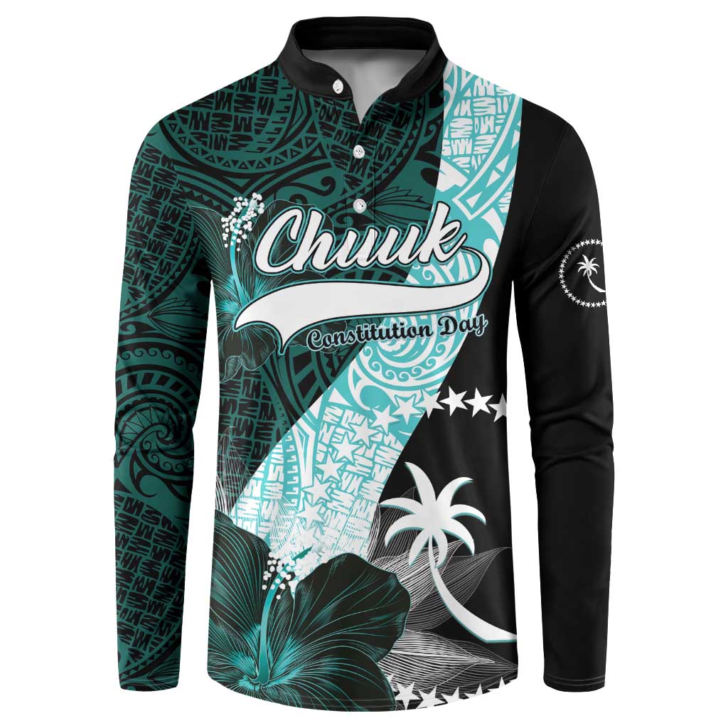 Chuuk Constitution Day Button Sweatshirt Hibiscus Turquoise Pattern LT01 Turquoise - Polynesian Pride