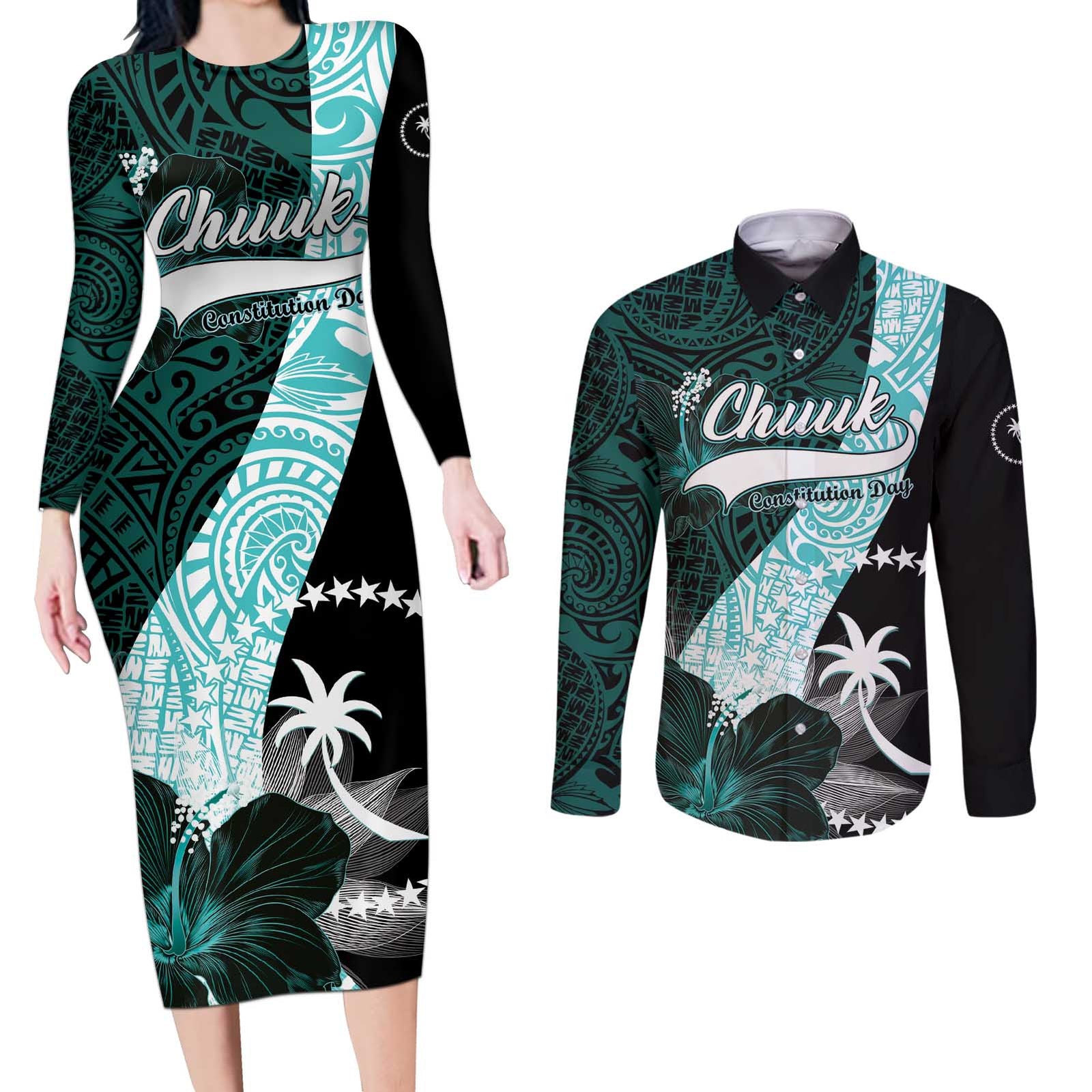 Chuuk Constitution Day Couples Matching Long Sleeve Bodycon Dress and Long Sleeve Button Shirt Hibiscus Turquoise Pattern LT01 Turquoise - Polynesian Pride