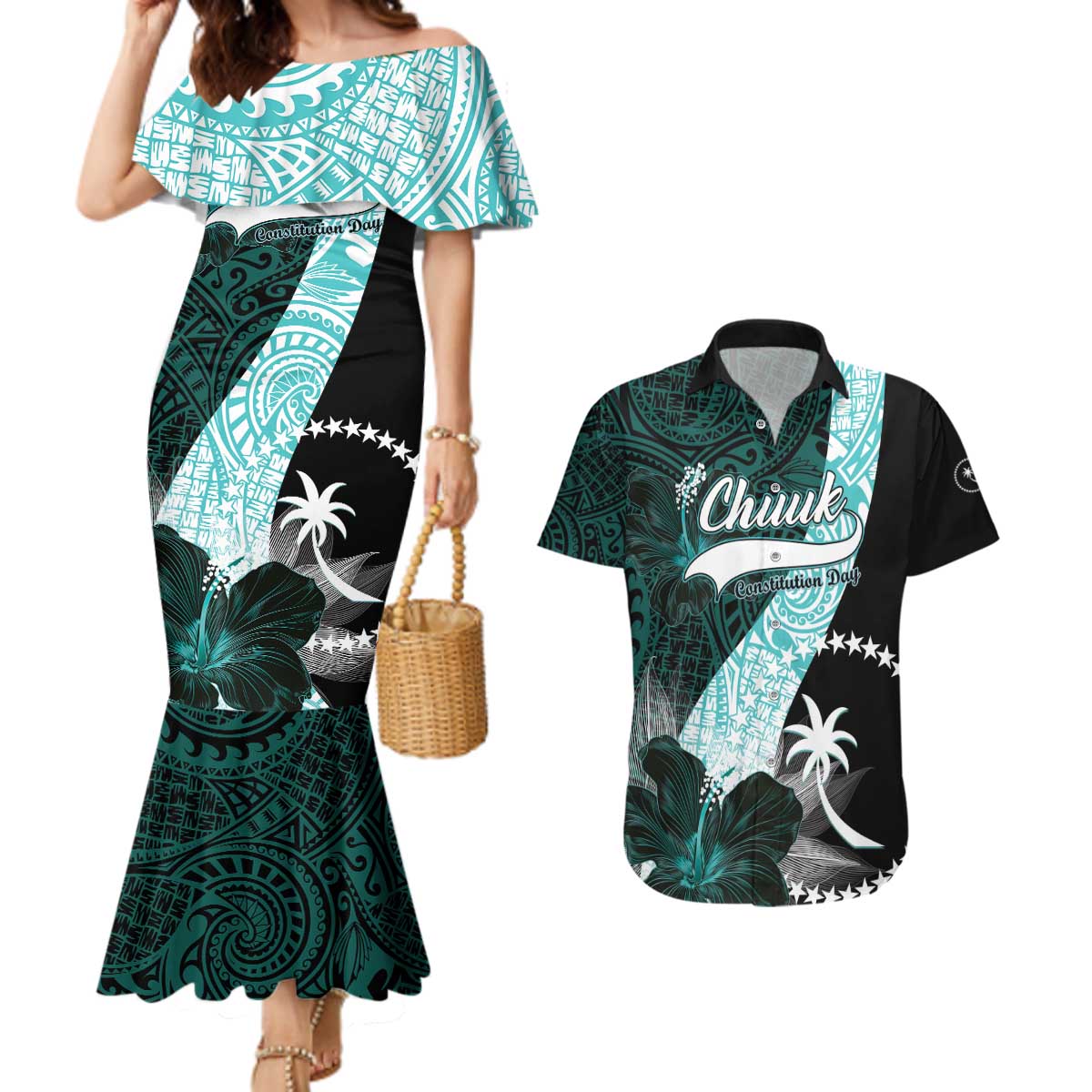 Chuuk Constitution Day Couples Matching Mermaid Dress and Hawaiian Shirt Hibiscus Turquoise Pattern LT01 Turquoise - Polynesian Pride