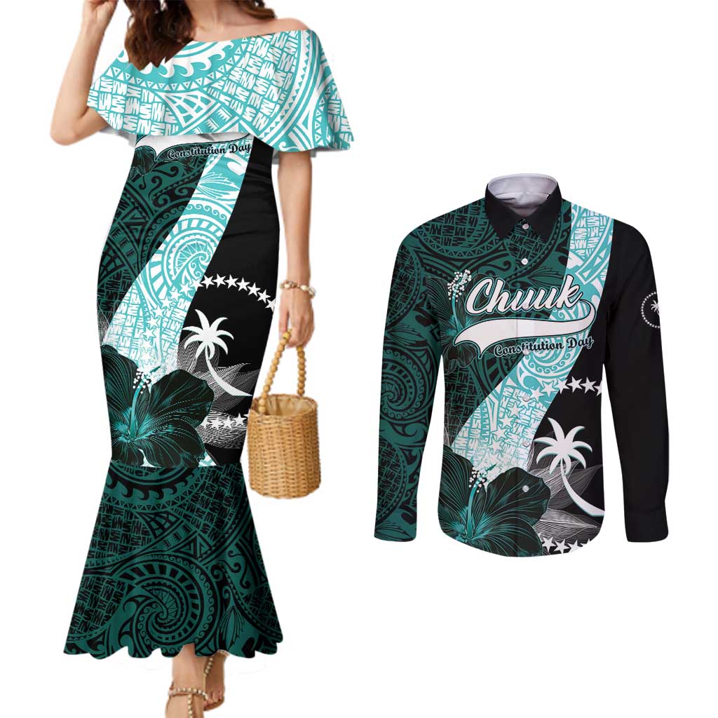 Chuuk Constitution Day Couples Matching Mermaid Dress and Long Sleeve Button Shirt Hibiscus Turquoise Pattern LT01 Turquoise - Polynesian Pride
