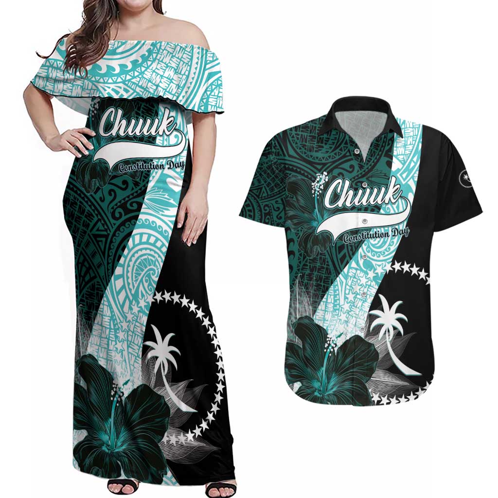 Chuuk Constitution Day Couples Matching Off Shoulder Maxi Dress and Hawaiian Shirt Hibiscus Turquoise Pattern LT01 Turquoise - Polynesian Pride