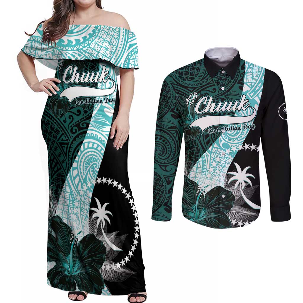 Chuuk Constitution Day Couples Matching Off Shoulder Maxi Dress and Long Sleeve Button Shirt Hibiscus Turquoise Pattern LT01 Turquoise - Polynesian Pride