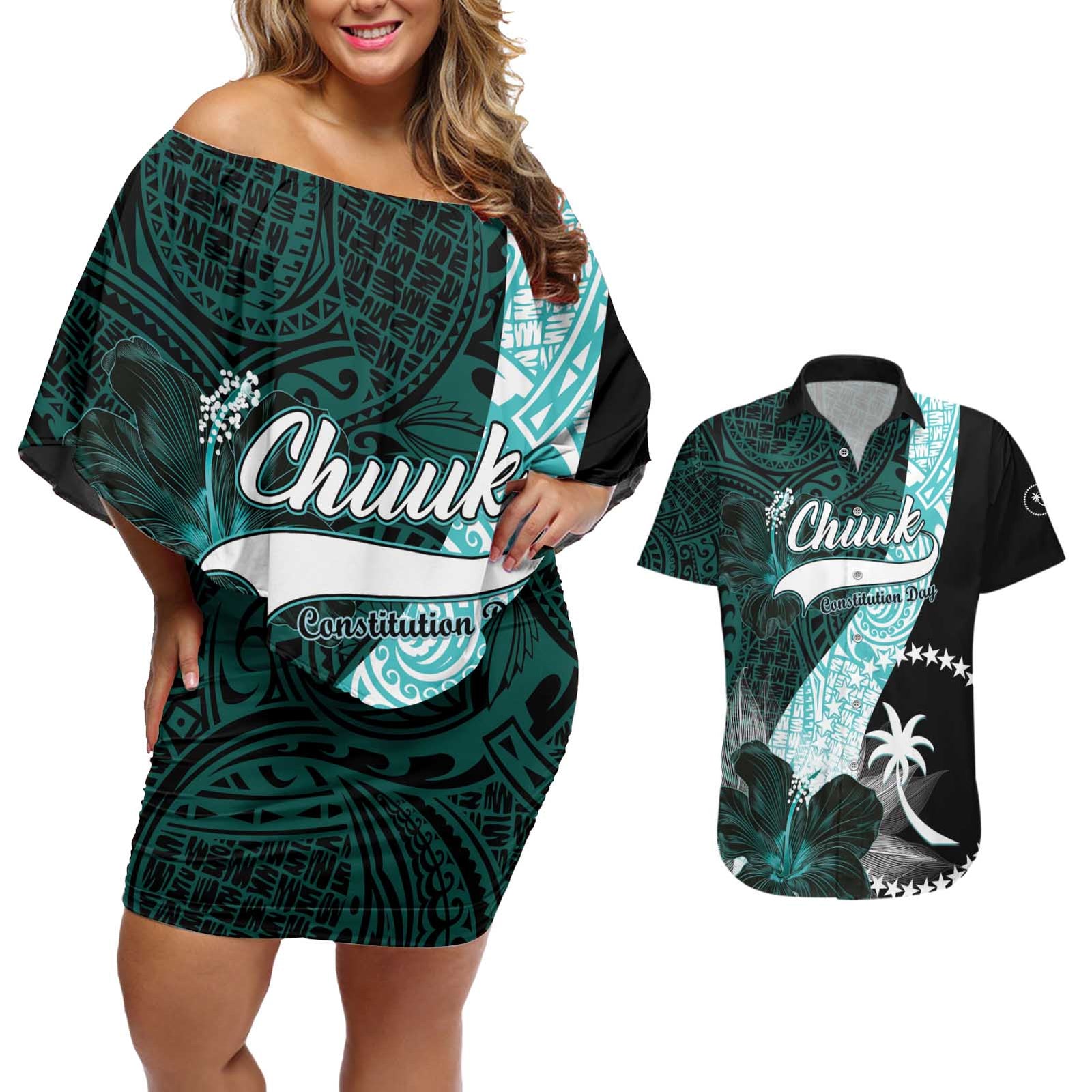 Chuuk Constitution Day Couples Matching Off Shoulder Short Dress and Hawaiian Shirt Hibiscus Turquoise Pattern LT01 Turquoise - Polynesian Pride