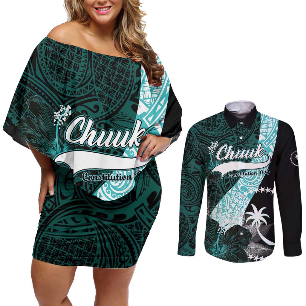 Chuuk Constitution Day Couples Matching Off Shoulder Short Dress and Long Sleeve Button Shirt Hibiscus Turquoise Pattern LT01 Turquoise - Polynesian Pride