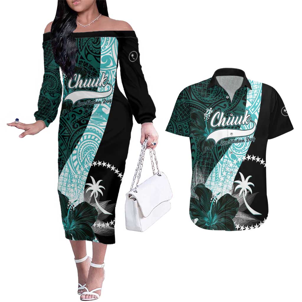 Chuuk Constitution Day Couples Matching Off The Shoulder Long Sleeve Dress and Hawaiian Shirt Hibiscus Turquoise Pattern LT01 Turquoise - Polynesian Pride